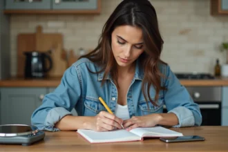 Jeune femme convertissant livres en kilogrammes dans la cuisine