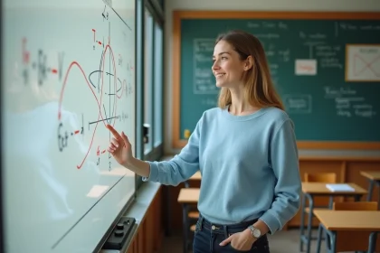 Jeune femme en classe avec diagramme de champ électrique