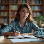 Jeune femme en étude dans une bibliothèque universitaire