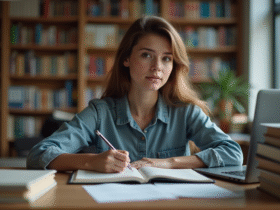 Jeune femme en étude dans une bibliothèque universitaire
