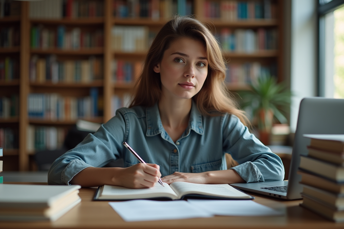Jeune femme en étude dans une bibliothèque universitaire