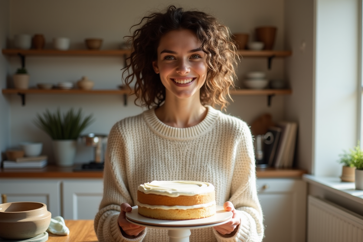 Jeune femme souriante tenant gâteau mascarpone dans cuisine lumineuse