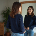 Jeune femme regardant son pull en miroir dans une chambre chaleureuse