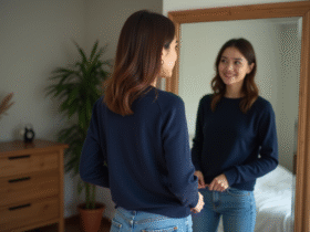 Jeune femme regardant son pull en miroir dans une chambre chaleureuse