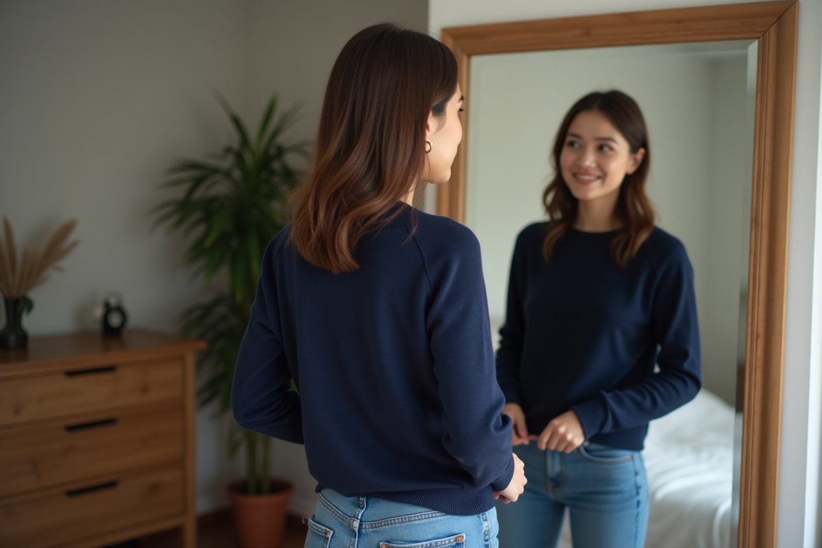 Jeune femme regardant son pull en miroir dans une chambre chaleureuse