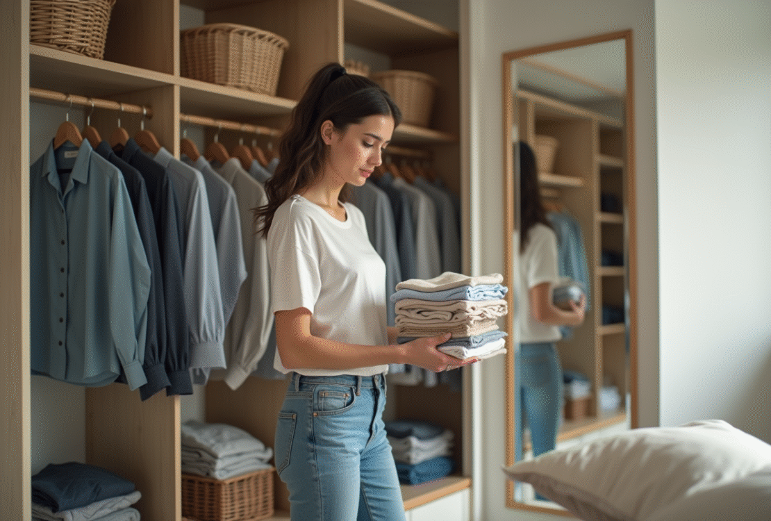 Jeune femme organisant un placard moderne et spacieux