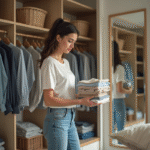 Jeune femme organisant un placard moderne et spacieux