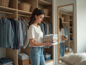 Jeune femme organisant un placard moderne et spacieux