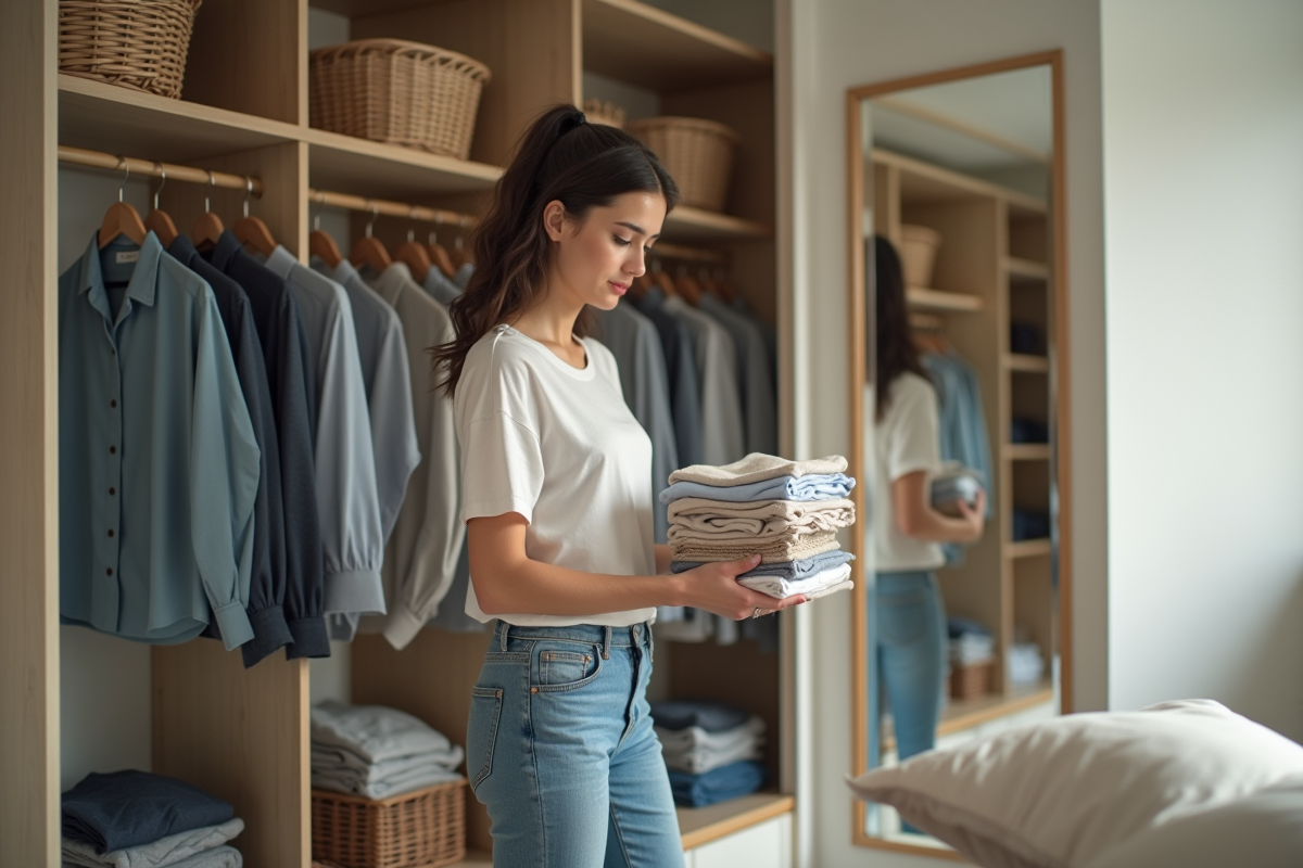 Jeune femme organisant un placard moderne et spacieux