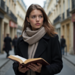 Jeune femme pensif avec livre de poésie à Paris