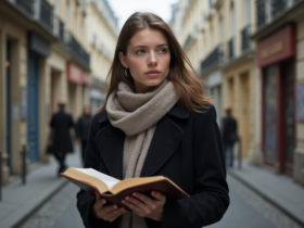 Jeune femme pensif avec livre de poésie à Paris