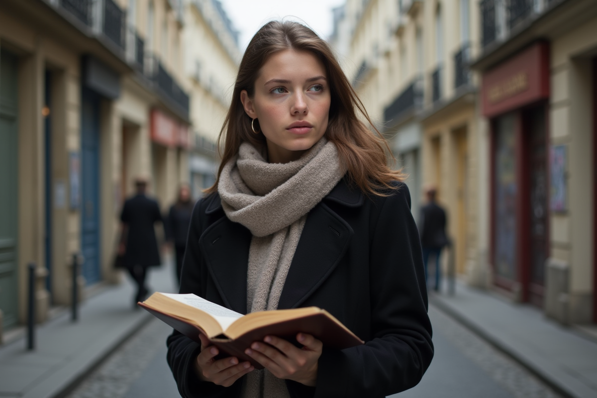 Jeune femme pensif avec livre de poésie à Paris
