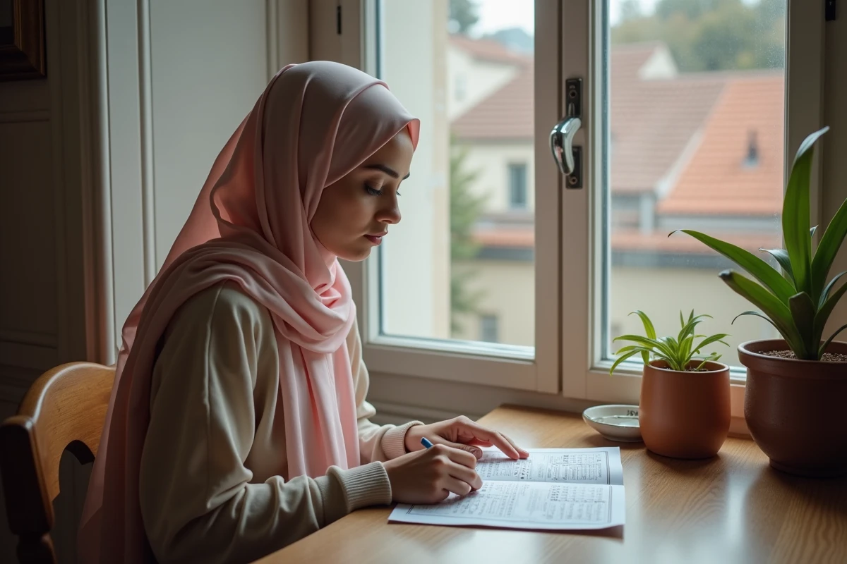 Jeune femme musulmane en hijab étudiant un calendrier de prières
