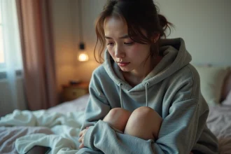 Jeune femme assise sur son lit en pleurs, exprimant une détresse émotionnelle liée à la santé mentale