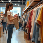 Jeune femme en magasin de mode regardant un vêtement tendance