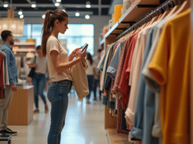 Jeune femme en magasin de mode regardant un vêtement tendance