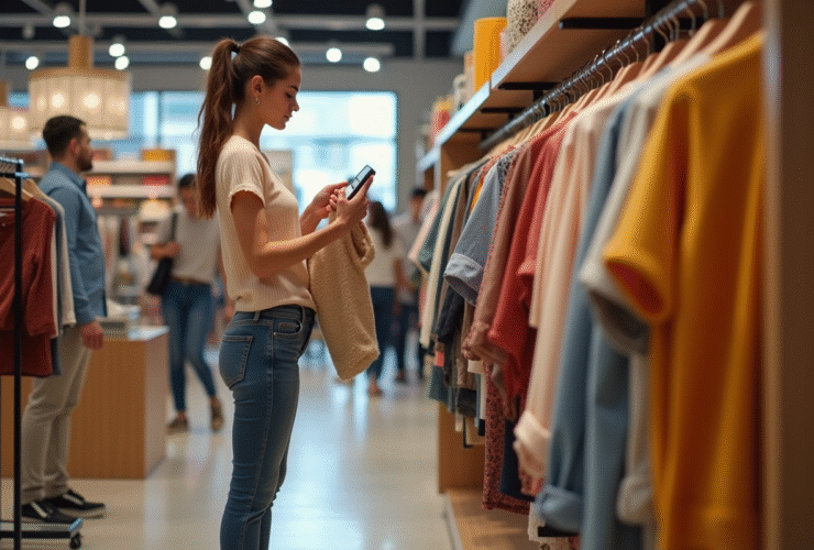 Jeune femme en magasin de mode regardant un vêtement tendance