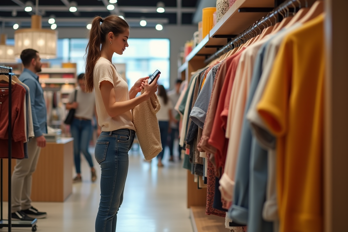 Jeune femme en magasin de mode regardant un vêtement tendance