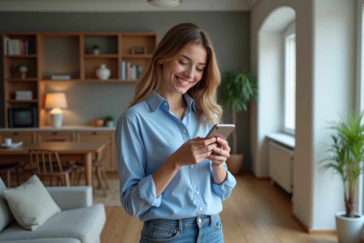 Jeune femme souriante avec smartphone dans un salon moderne