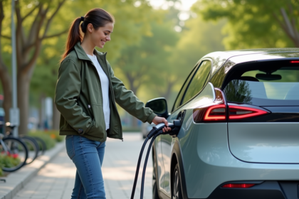 Jeune femme débranchant une voiture électrique dans un parc urbain