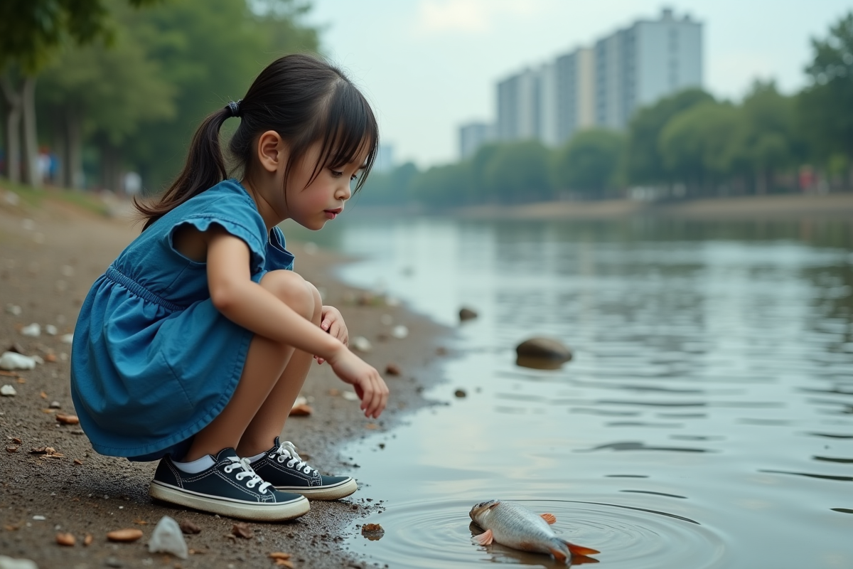 Jeune fille observant des déchets plastiques sur la rive d