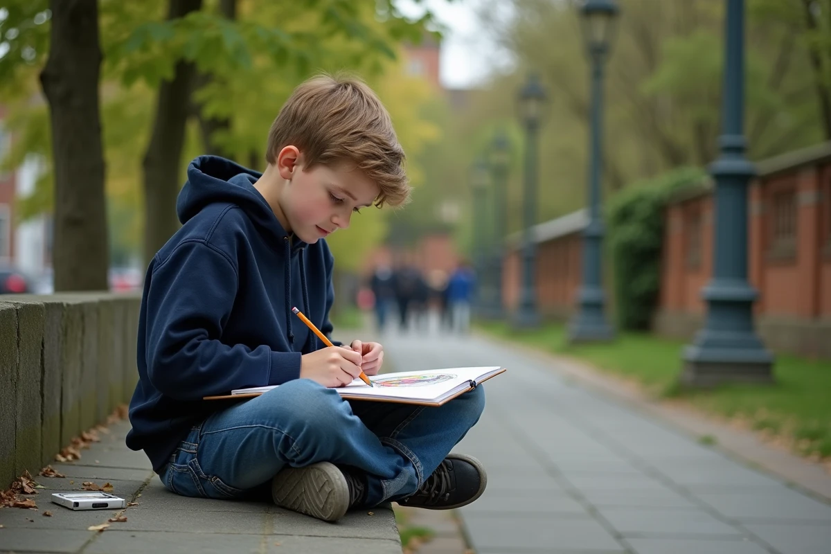 Garçon dessinant dans un parc urbain avec arbres et mur en briques