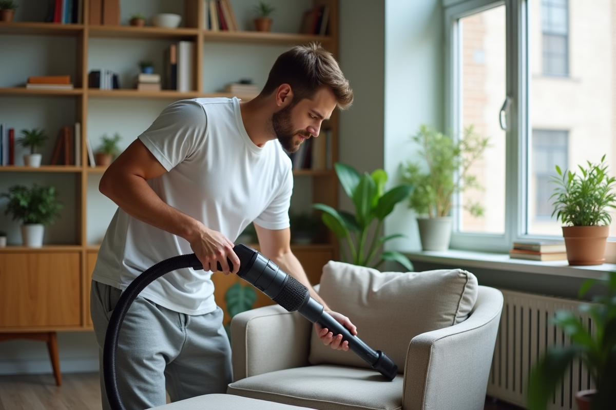 Jeune homme aspirant un fauteuil en tissu dans un salon lumineux