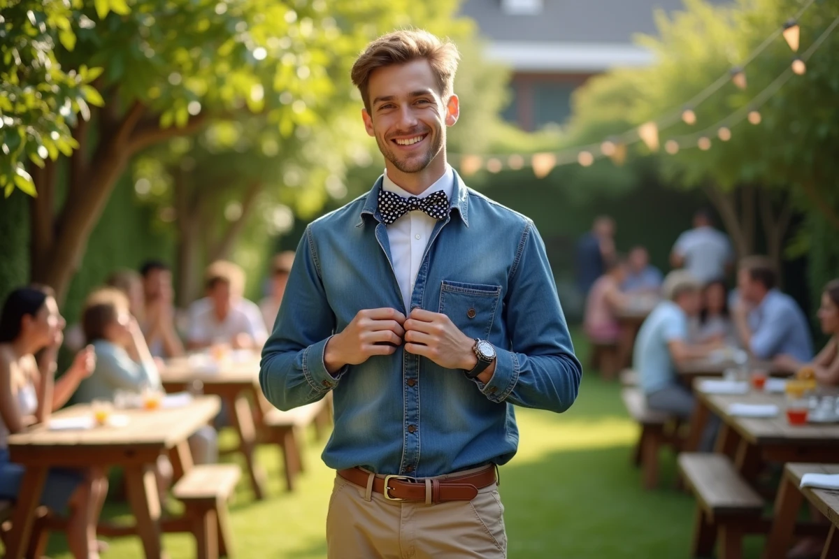 Jeune homme souriant portant un nœud papillon à pois lors d