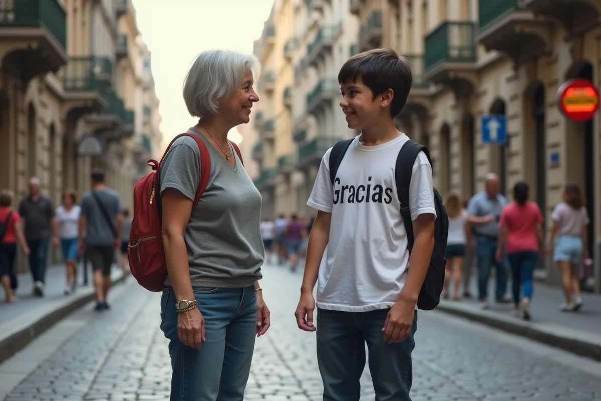 Adolescent remerciant une femme dans la rue urbaine