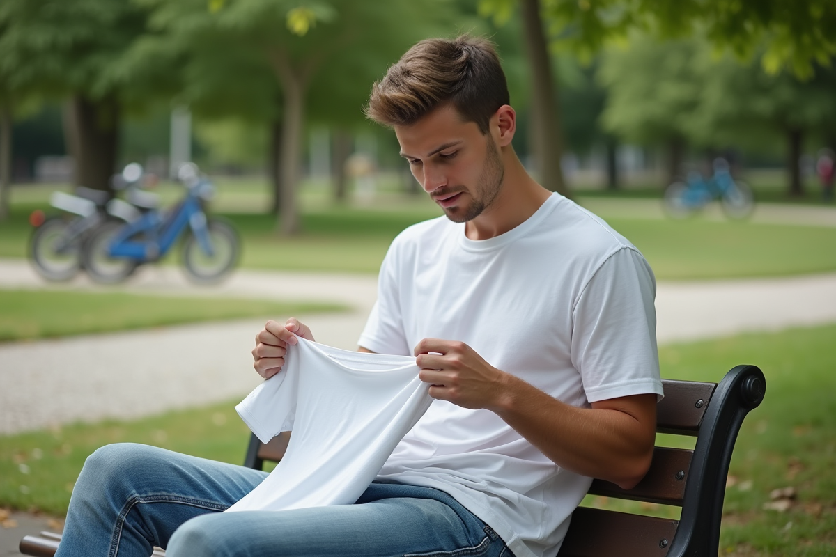 Jeune homme inspectant un vêtement dans un parc urbain