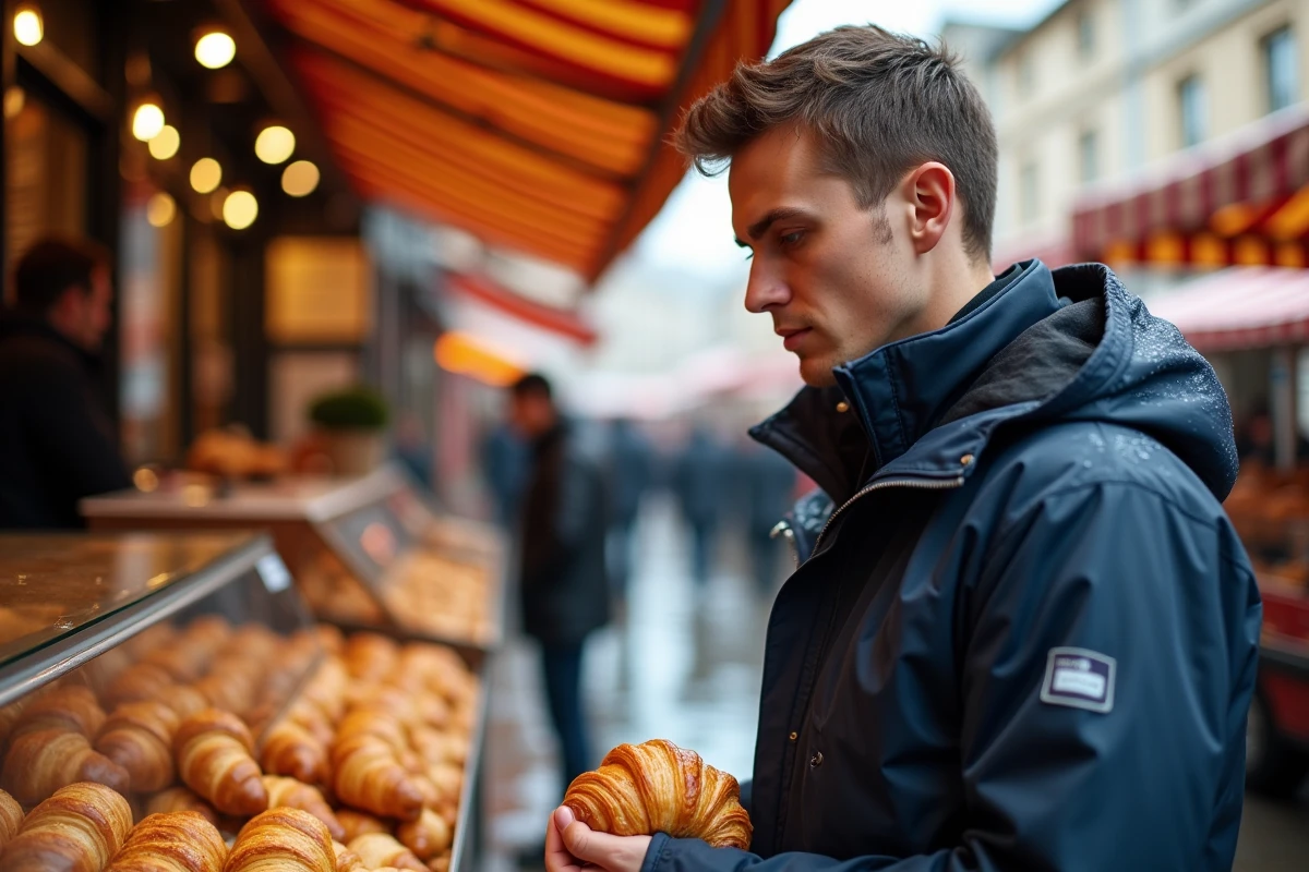 Jeune homme choisissant un croissant au marché d