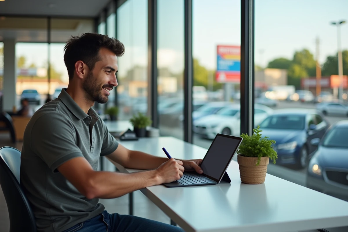 Jeune homme remplissant un sondage sur une tablette au service