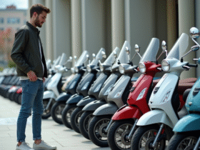 Jeune homme compare des scooters en showroom urbain