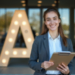 Jeune professionnel avec une tablette devant une entrée moderne
