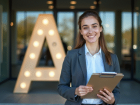 Jeune professionnel avec une tablette devant une entrée moderne