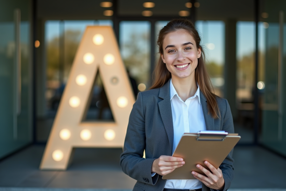 Jeune professionnel avec une tablette devant une entrée moderne