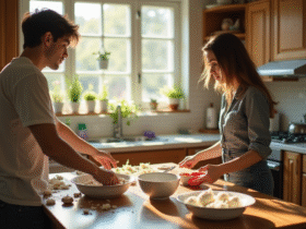 Jeunes adultes dans une cuisine désordonnée en partage