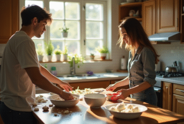Jeunes adultes dans une cuisine désordonnée en partage