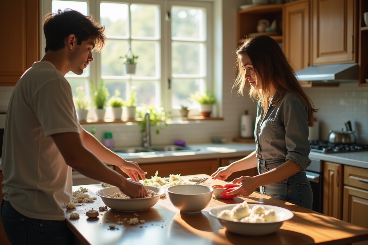 Jeunes adultes dans une cuisine désordonnée en partage