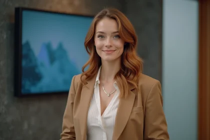 Jeune femme présentatrice de télévision dans un studio moderne, regard confiant et naturel, style éditorial