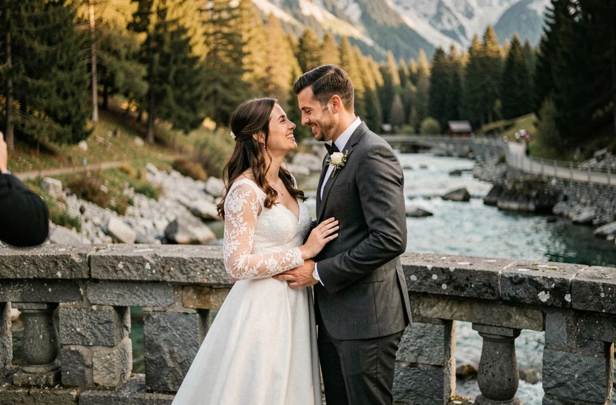 Couple de mariés photographié sur un pont de pierre en Savoie près de Chambéry par Jonathan Sylvoz, photographe de mariage