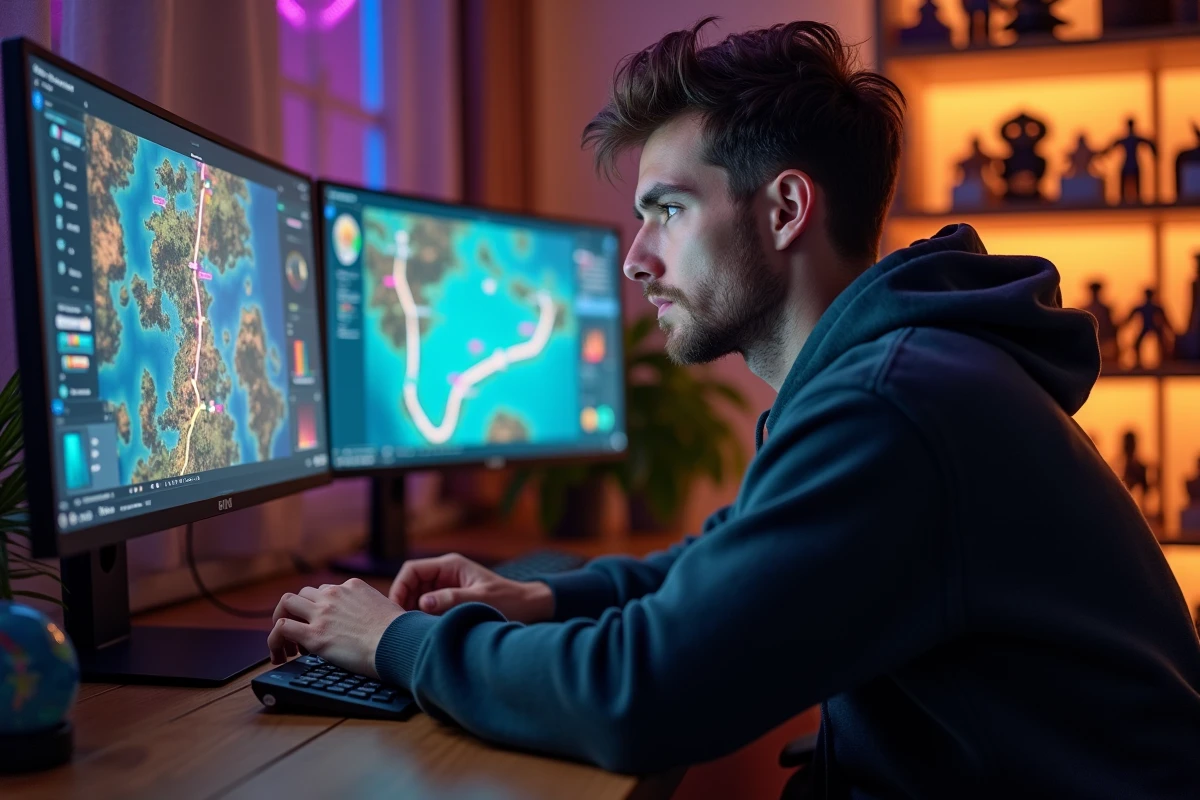 Joueur de Dofus planifiant un itinéraire de portails pour optimiser le farm XP sur plusieurs écrans