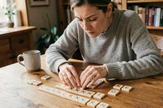 Femme concentrée arrangeant des lettres de Scrabble sur une table en bois pour former le mot parfait