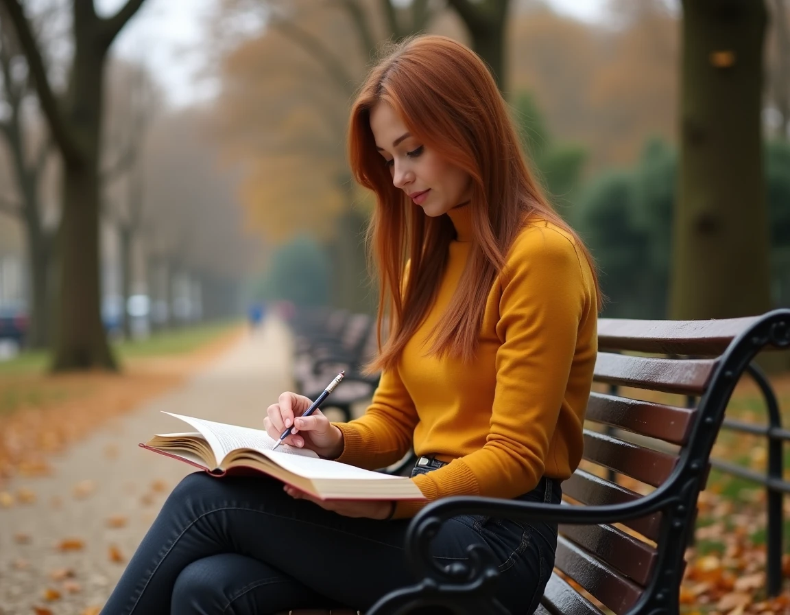 Jeune femme lisant un recueil de poésie française dans un parc parisien en automne entouré de feuilles dorées