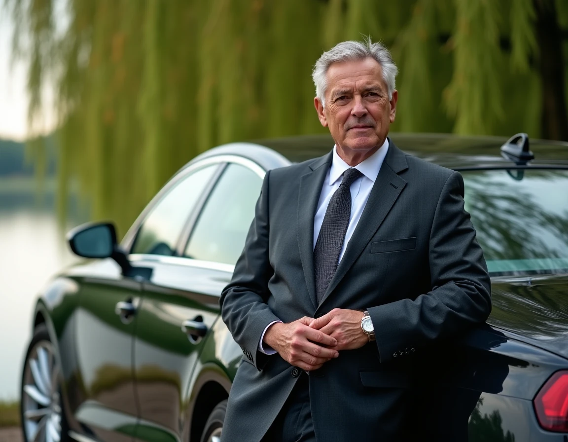 Chauffeur Liberty Route appuyé sur une Audi noire au bord de la Loire