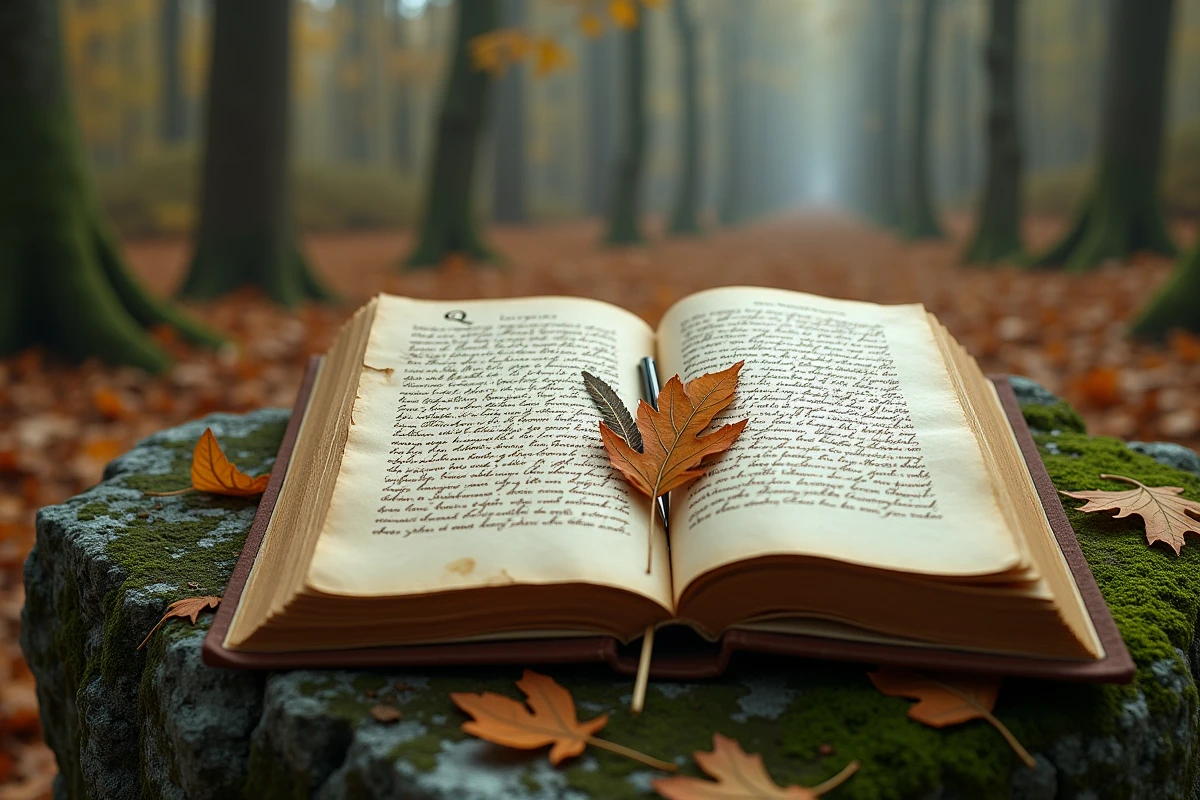 Livre ancien ouvert avec des vers en rime en oi calligraphiés, posé sur une pierre moussue dans une forêt automnale brumeuse