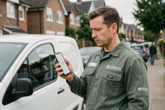 Livreur Amazon consultant un numéro de téléphone inconnu affiché sur son smartphone devant un camion de livraison blanc