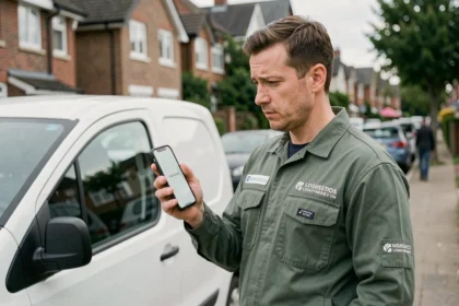 Livreur Amazon consultant un numéro de téléphone inconnu affiché sur son smartphone devant un camion de livraison blanc