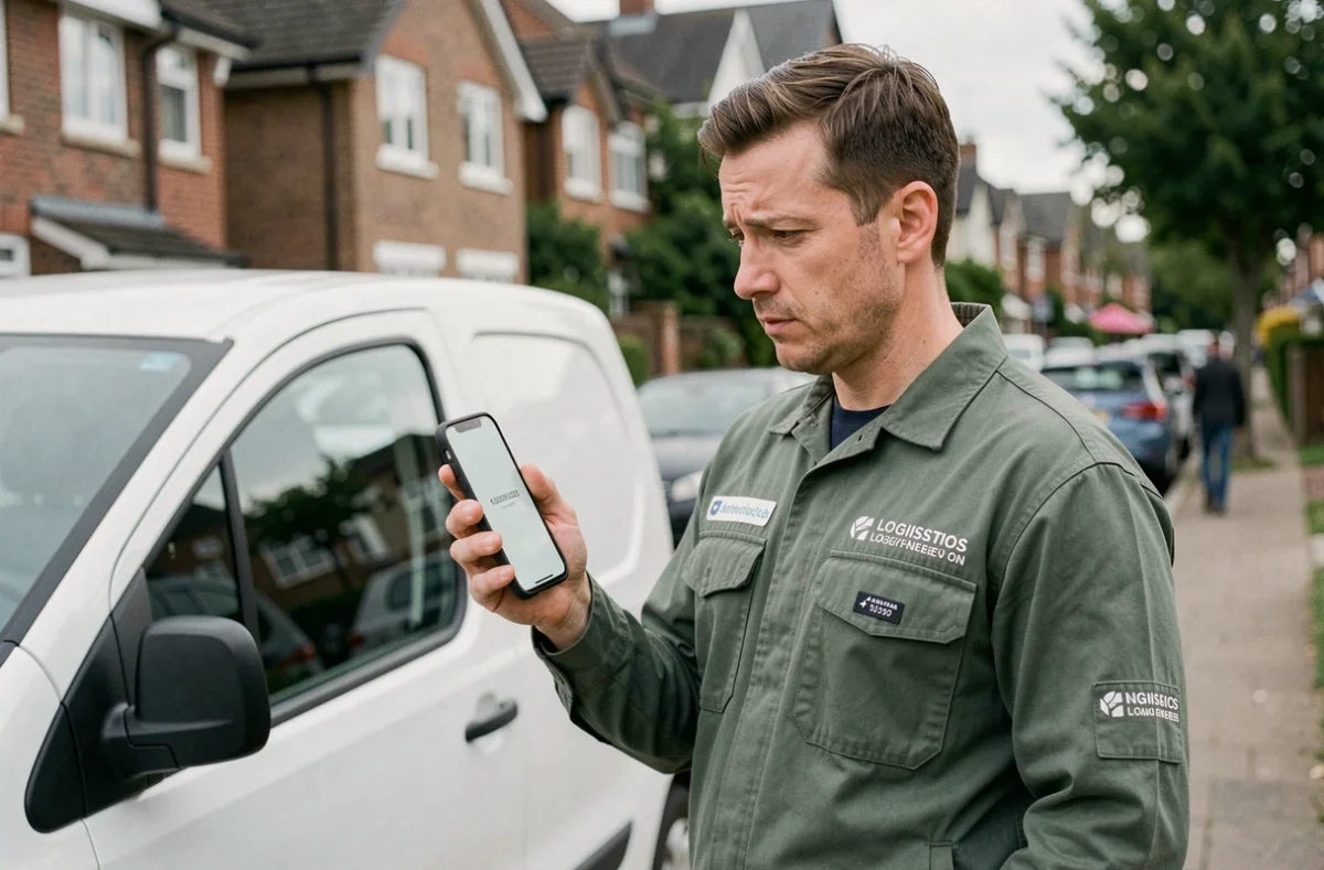 Livreur Amazon consultant un numéro de téléphone inconnu affiché sur son smartphone devant un camion de livraison blanc