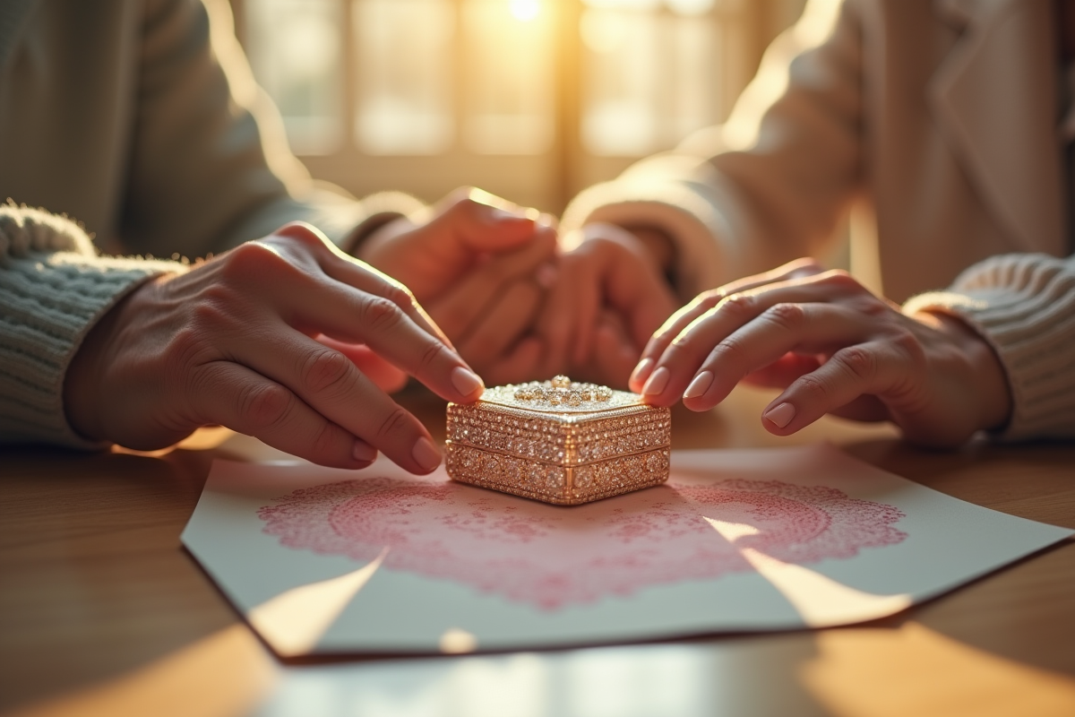 Mains élégantes de deux personnes âgées touchant une carte et une boîte à bijoux